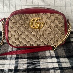 100% Authentic Small Gucci Marmont Brown GG Canvas with Red Leather